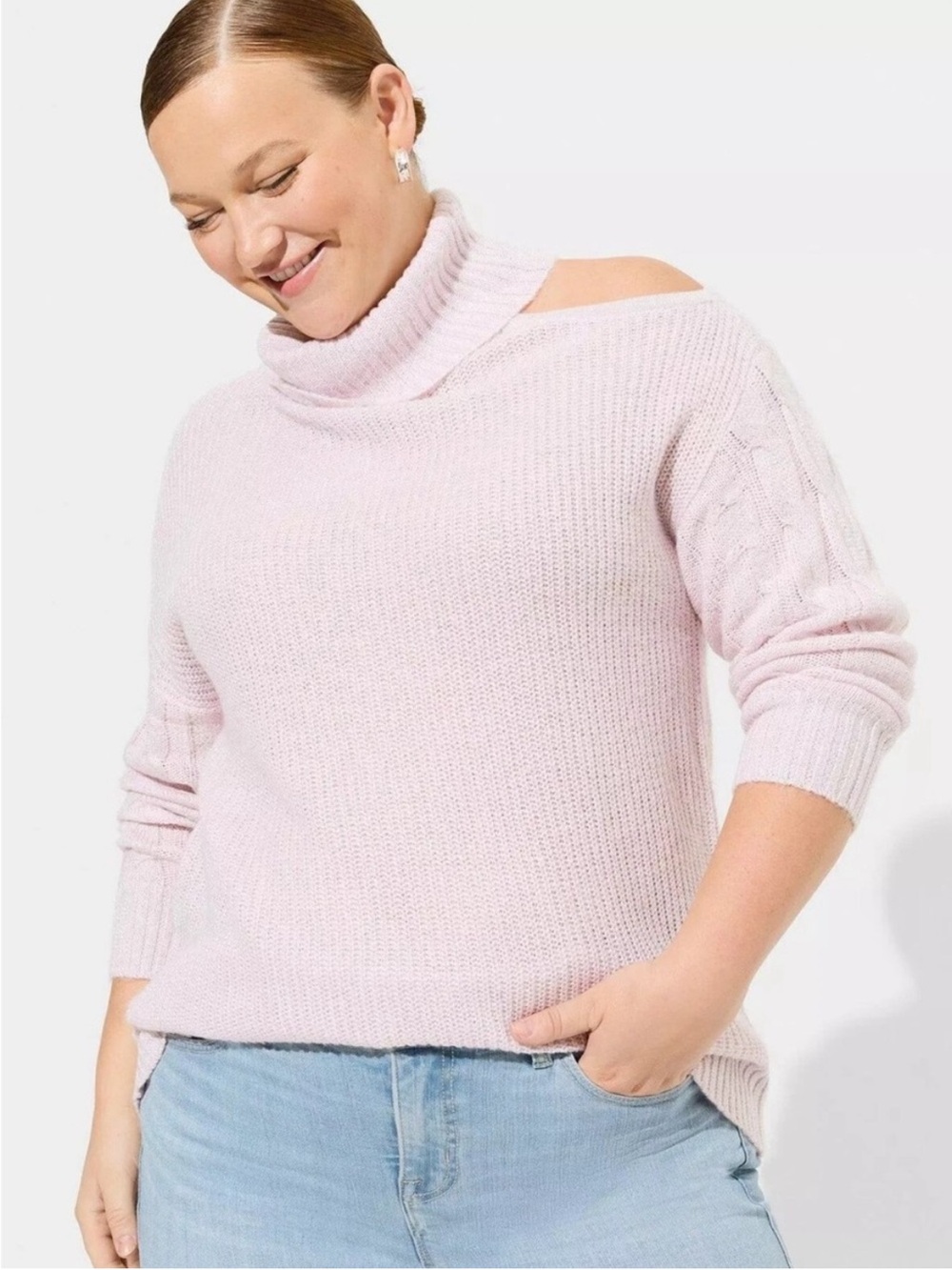 NWT Torrid Cable Cold Shoulder Turtleneck Sweater Barely Pink 2X